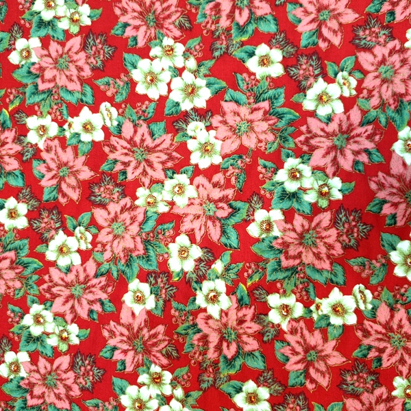 100% Christmas Cotton - Poinsettia on Red